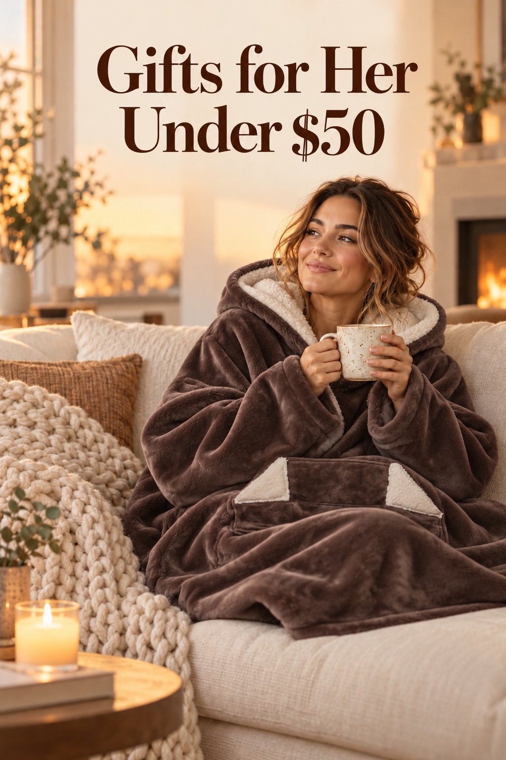A brown wearable blanket hoodie styled for a cozy evening