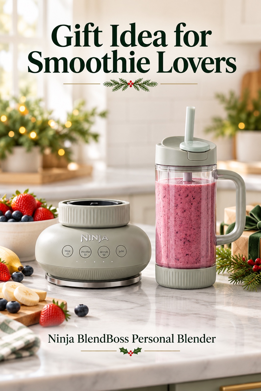 Stone Mint Ninja BlendBOSS blender beside a smoothie tumbler