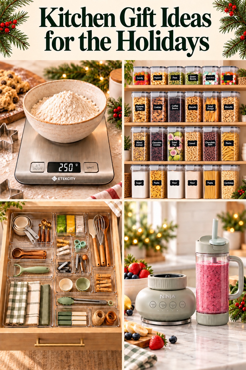 Holiday kitchen gift collage showing an Etekcity scale, pantry containers, drawer organizers, and Stone Mint Ninja blender