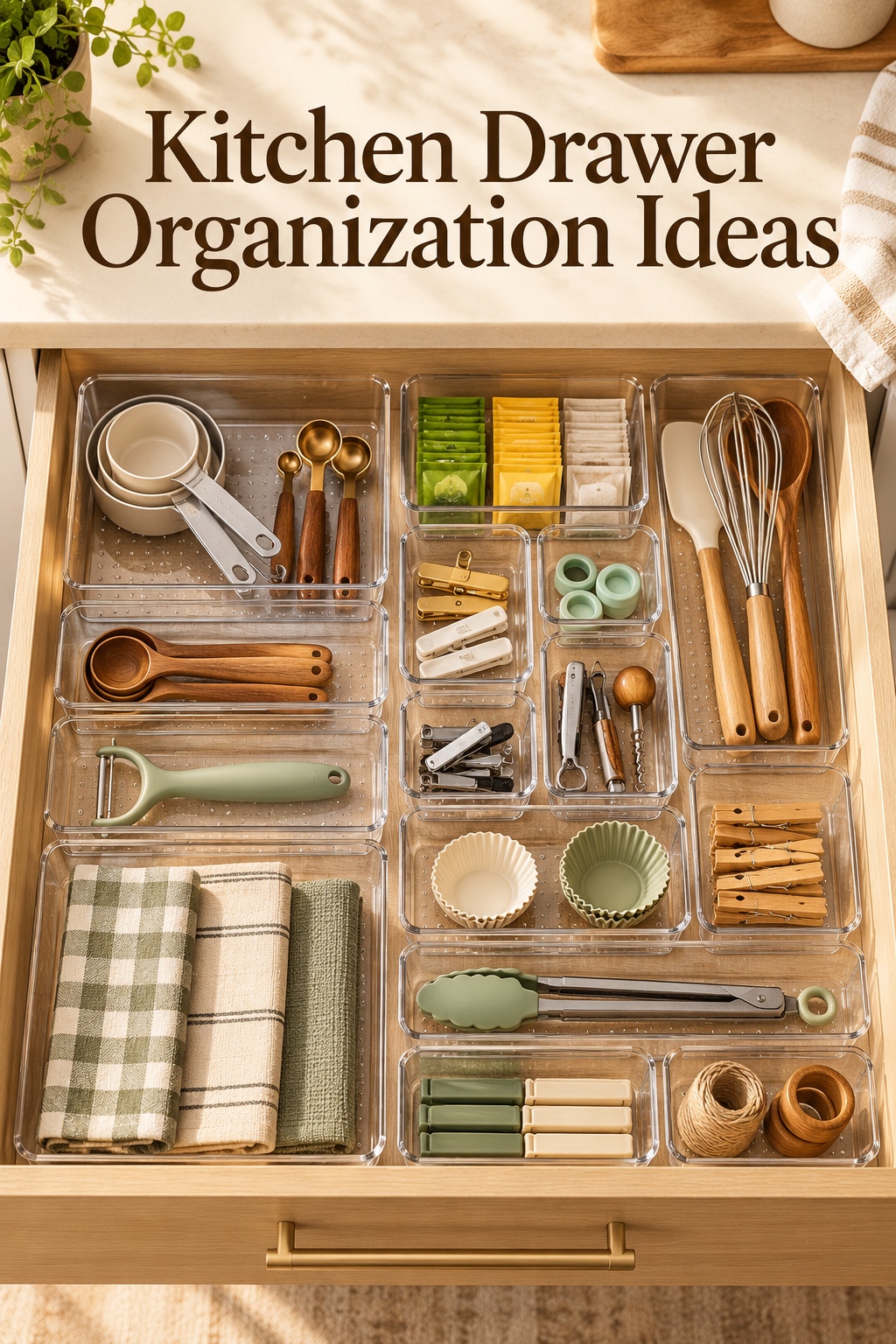 Clear kitchen drawer organizers holding utensils and small essentials