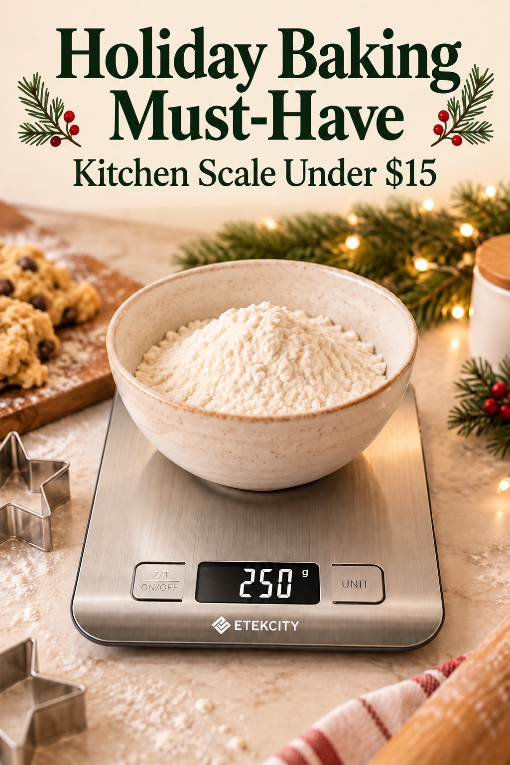 Etekcity kitchen scale with a bowl of flour