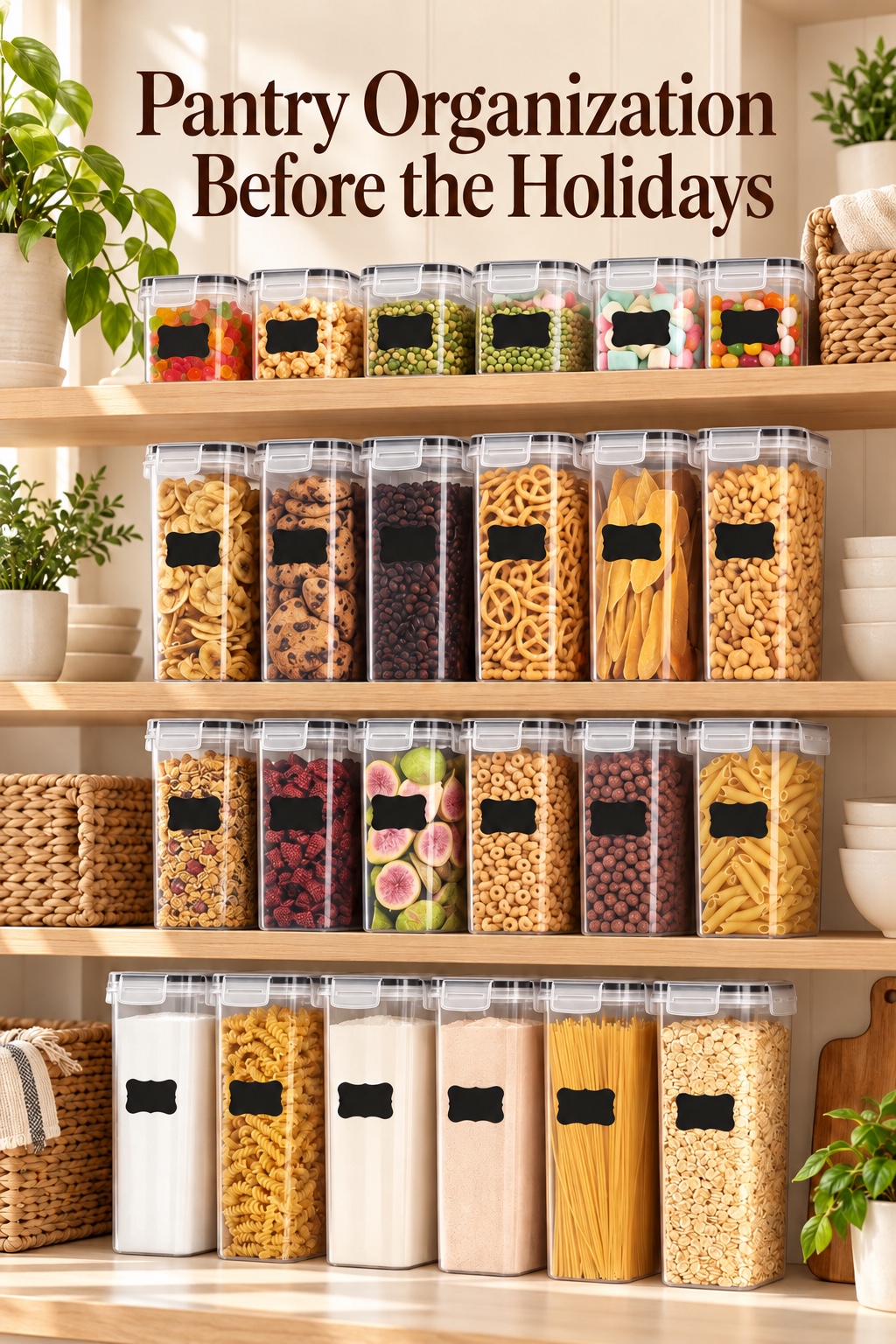 Vtopmart food storage containers styled on pantry shelves