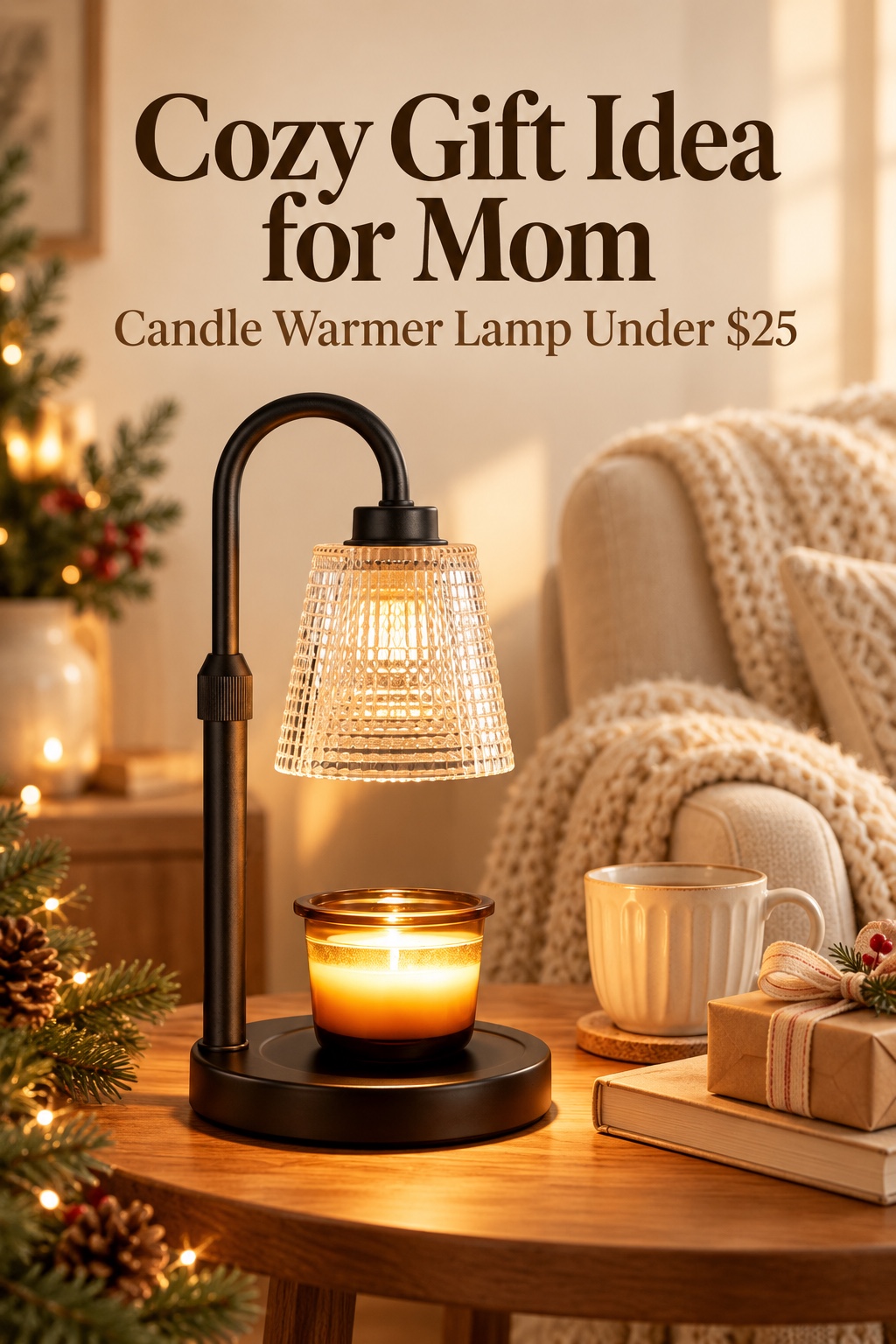 Black candle warmer lamp with a glass shade, styled on a cozy side table