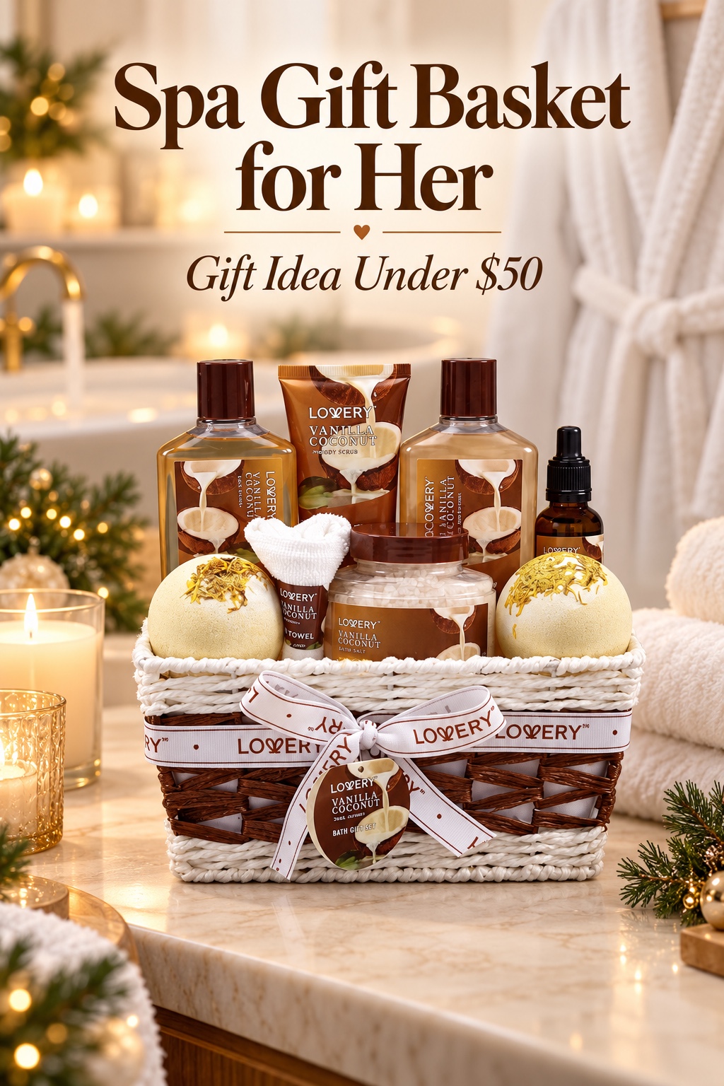 Vanilla coconut spa gift basket with bath and body products